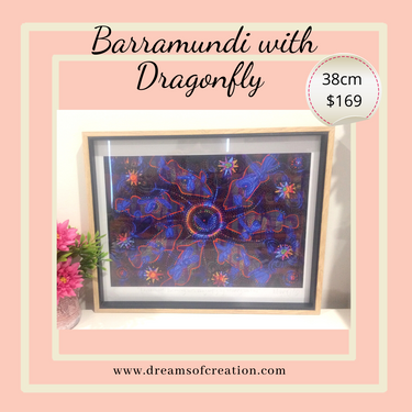 'Barramundi with Dragonfly' 38cm Framed MUSEUM PRINT by Mirree Contemporary Aboriginal Art